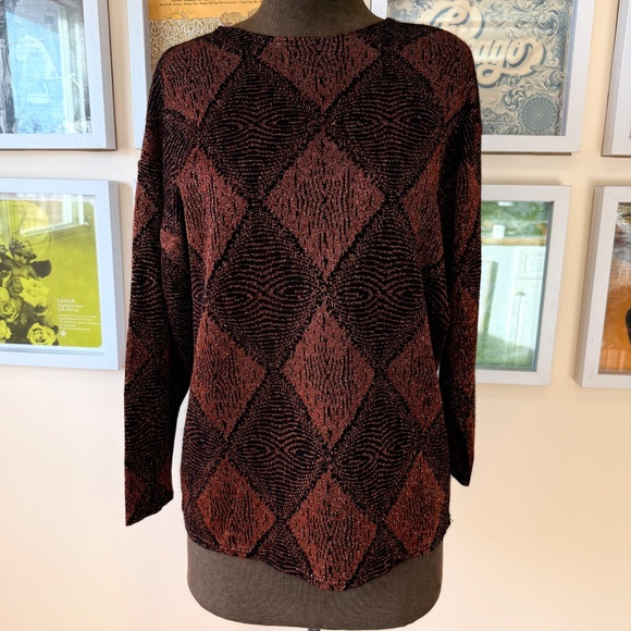 Vintage 80s Shimmer Geometric Copper & Black Sweater - Picture 2 of 6